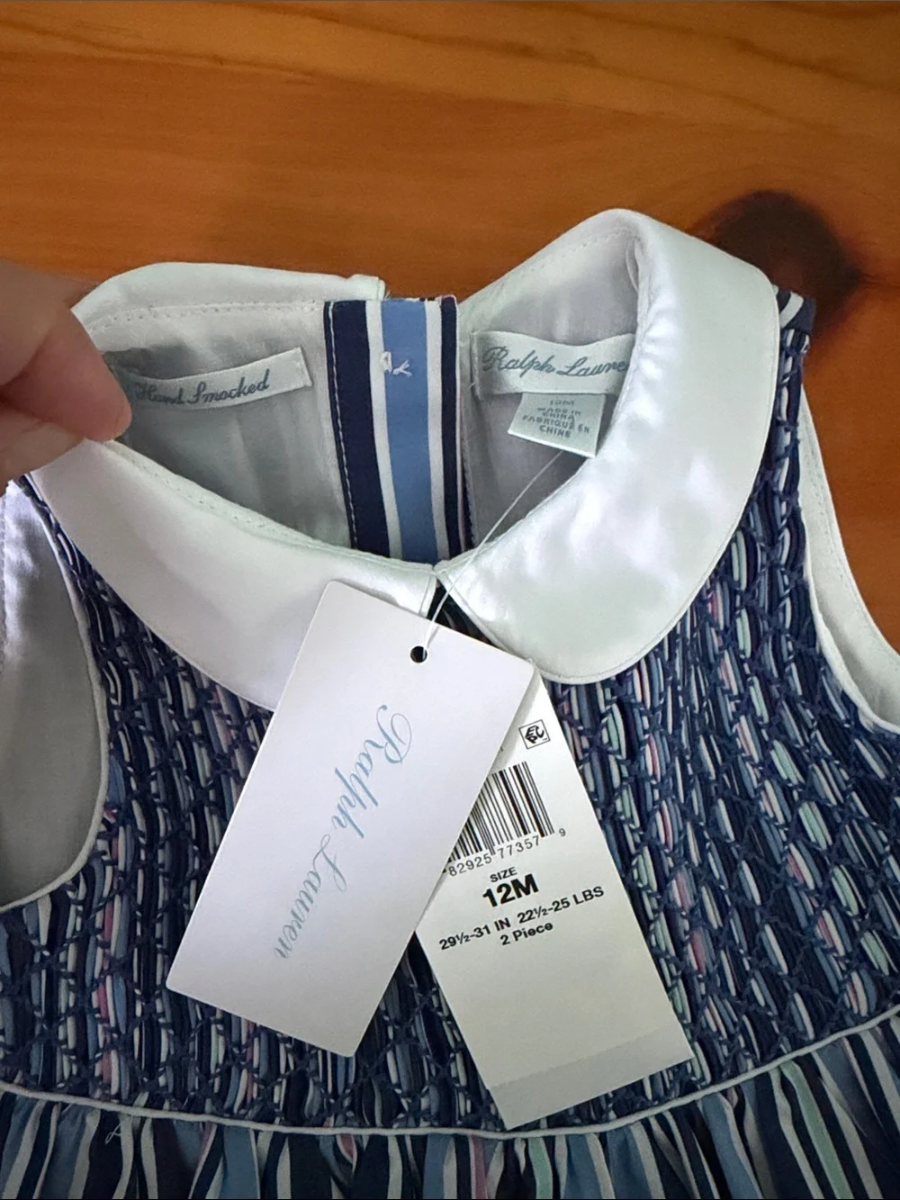 NWT Ralph Lauren Navy, Light Blue and Pink Striped Hand Smocked Dress
